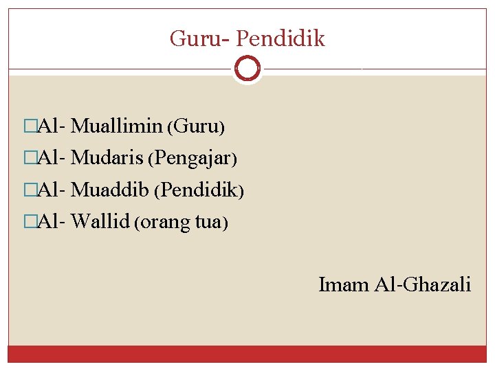 Guru- Pendidik �Al- Muallimin (Guru) �Al- Mudaris (Pengajar) �Al- Muaddib (Pendidik) �Al- Wallid (orang