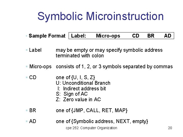 Symbolic Microinstruction § Sample Format § Label: Micro-ops CD BR AD may be empty