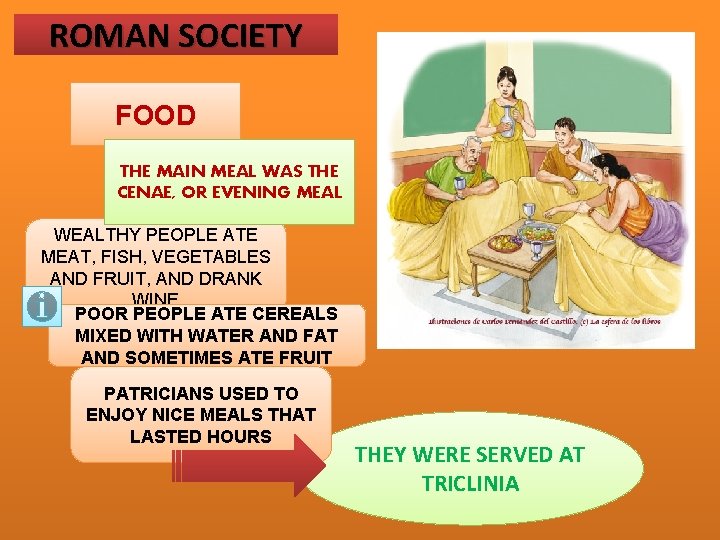 ROMAN SOCIETY FOOD THE MAIN MEAL WAS THE CENAE, OR EVENING MEAL WEALTHY PEOPLE