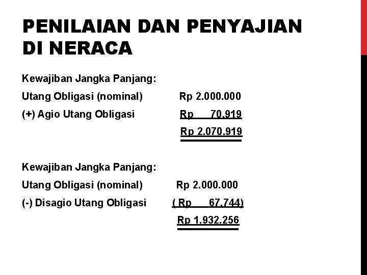 PENILAIAN DAN PENYAJIAN DI NERACA Kewajiban Jangka Panjang: Utang Obligasi (nominal) Rp 2. 000