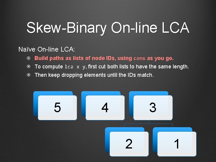 Skew-Binary On-line LCA Naïve On-line LCA: Build paths as lists of node IDs, using