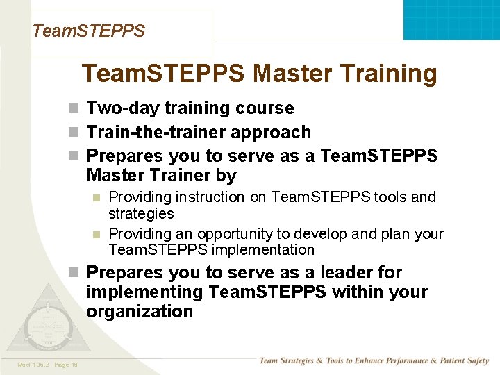 Team. STEPPS Master Training n Two-day training course n Train-the-trainer approach n Prepares you