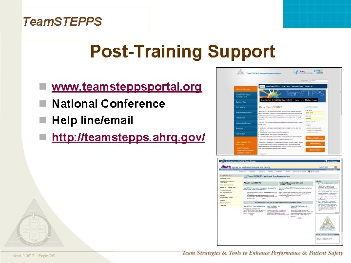 Team. STEPPS Post-Training Support n www. teamsteppsportal. org n National Conference n Help line/email