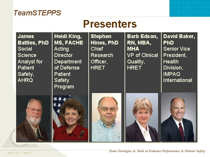 Team. STEPPS Presenters James Battles, Ph. D Social Science Analyst for Patient Safety, AHRQ