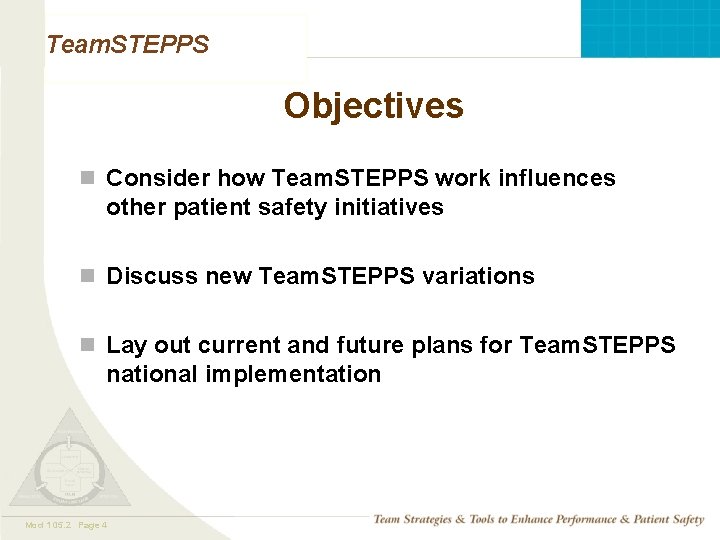 Team. STEPPS Objectives n Consider how Team. STEPPS work influences other patient safety initiatives
