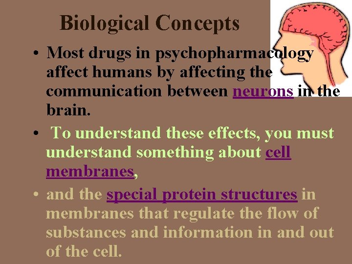 Biological Concepts • Most drugs in psychopharmacology affect humans by affecting the communication between