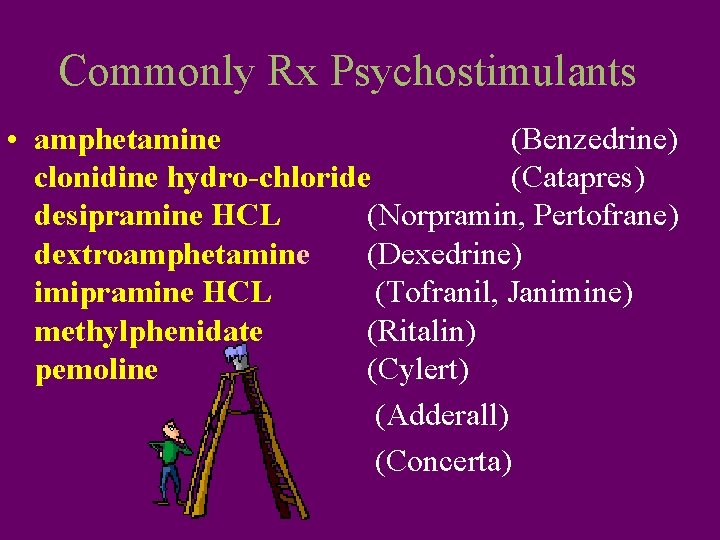 Commonly Rx Psychostimulants • amphetamine (Benzedrine) clonidine hydro-chloride (Catapres) desipramine HCL (Norpramin, Pertofrane) dextroamphetamine