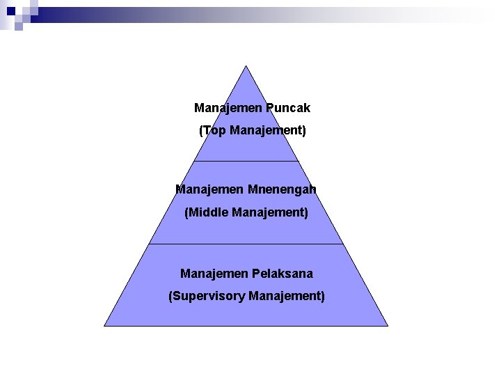 Manajemen Puncak (Top Manajement) Manajemen Mnenengah (Middle Manajement) Manajemen Pelaksana (Supervisory Manajement) 