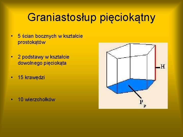 Graniastosłup pięciokątny • 5 ścian bocznych w kształcie prostokątów • 2 podstawy w kształcie