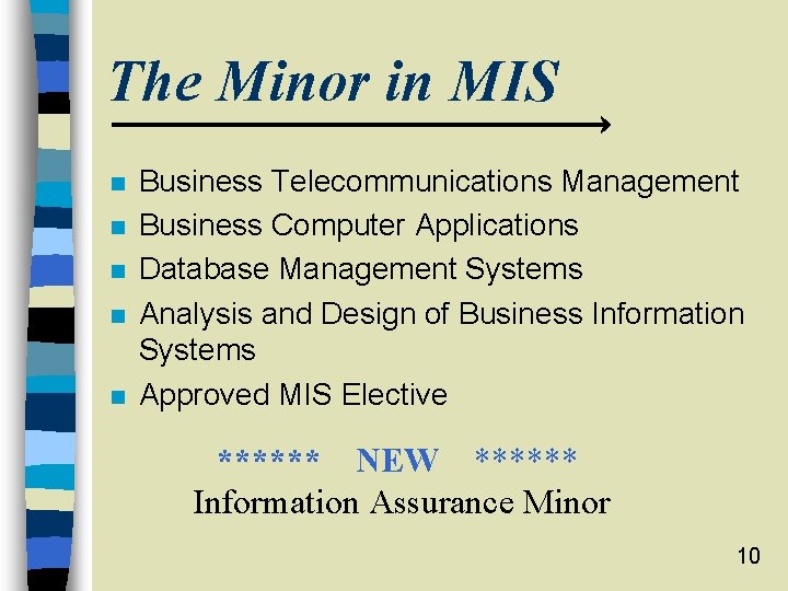 The Minor in MIS n n n Business Telecommunications Management Business Computer Applications Database
