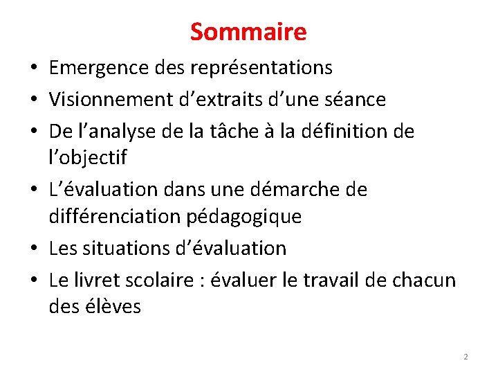 Sommaire • Emergence des représentations • Visionnement d’extraits d’une séance • De l’analyse de