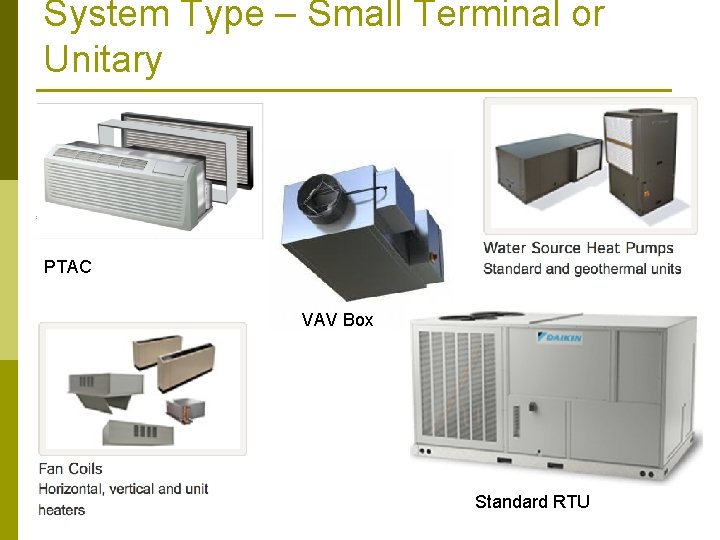 System Type – Small Terminal or Unitary PTAC VAV Box Standard RTU 