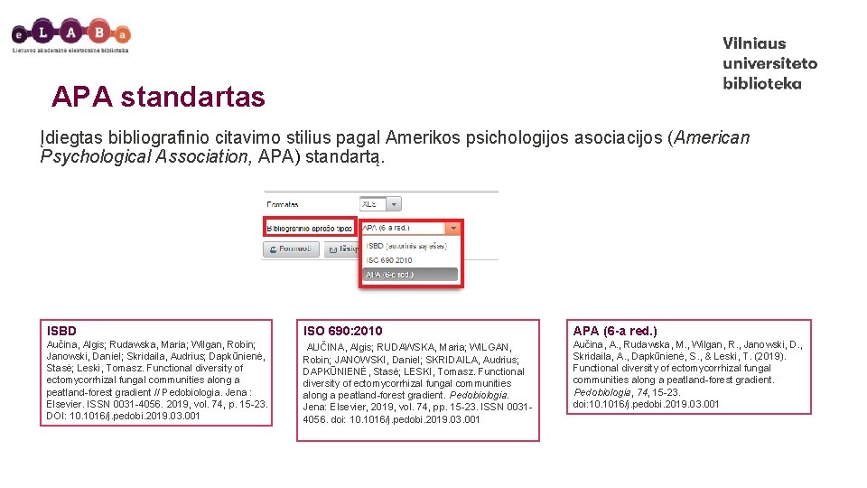 APA standartas Įdiegtas bibliografinio citavimo stilius pagal Amerikos psichologijos asociacijos (American Psychological Association, APA)