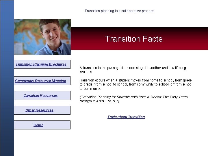 Transition planning is a collaborative process Transition Facts Transition Planning Brochures Community Resource Mapping