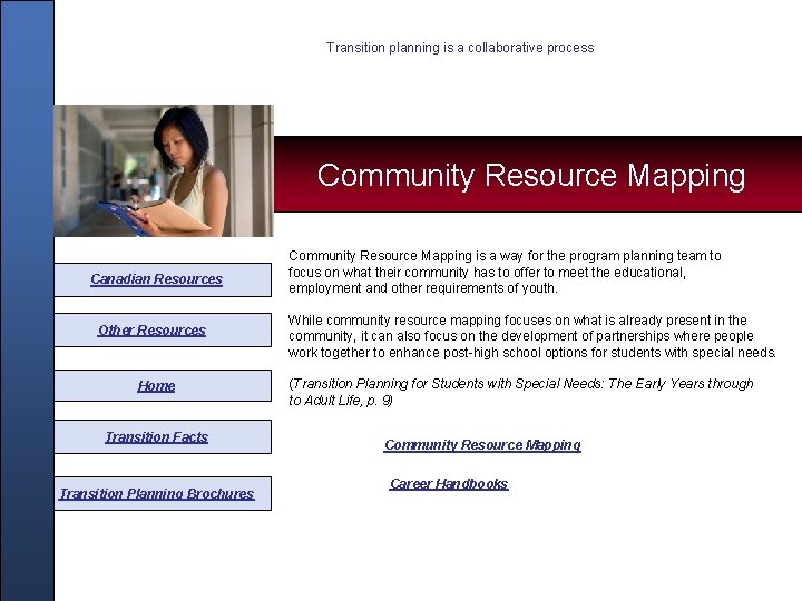 Transition planning is a collaborative process Community Resource Mapping Canadian Resources Other Resources Home