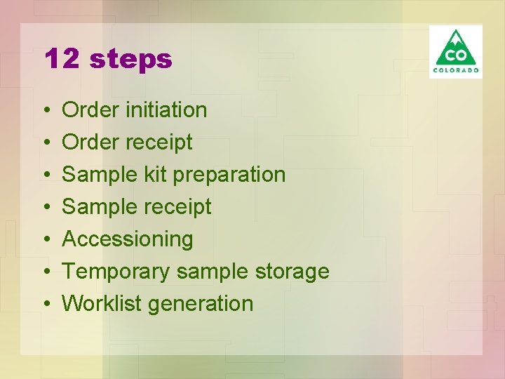 12 steps • • Order initiation Order receipt Sample kit preparation Sample receipt Accessioning