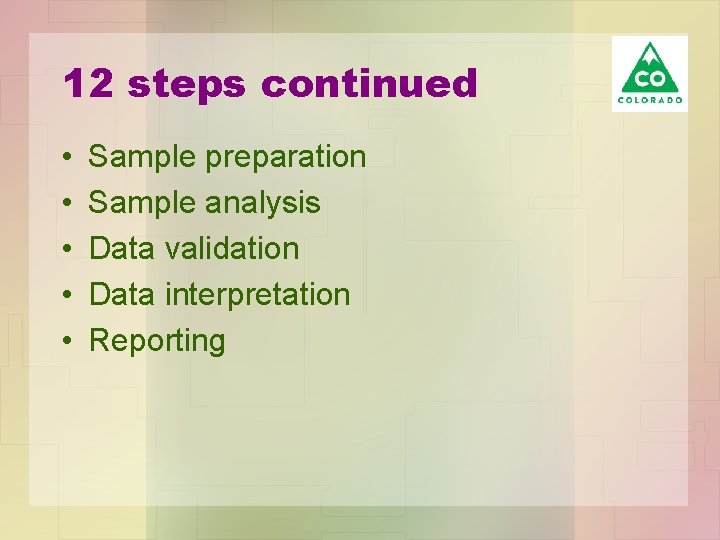 12 steps continued • • • Sample preparation Sample analysis Data validation Data interpretation