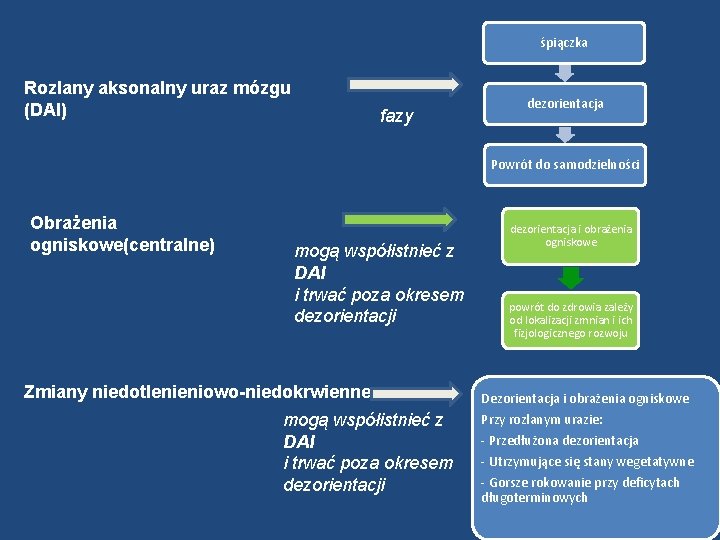 śpiączka Rozlany aksonalny uraz mózgu (DAI) fazy dezorientacja Powrót do samodzielności Obrażenia ogniskowe(centralne) mogą