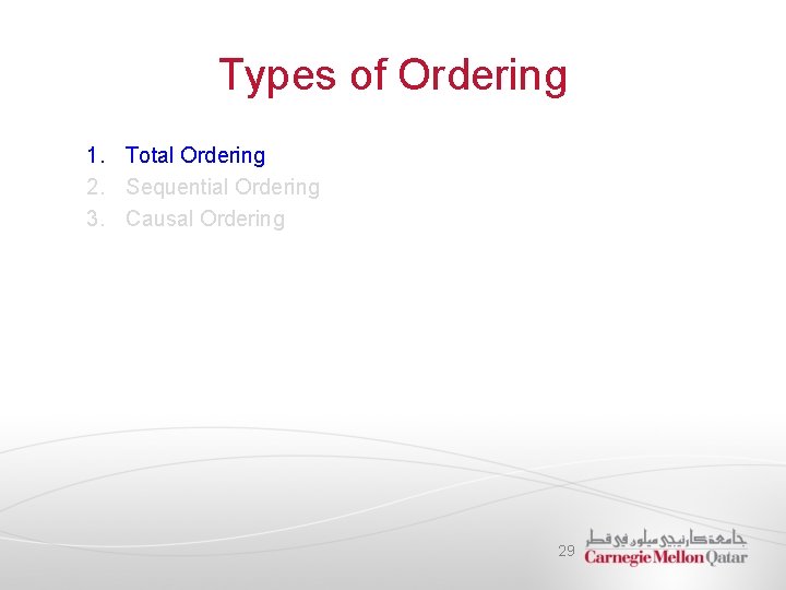 Types of Ordering 1. Total Ordering 2. Sequential Ordering 3. Causal Ordering 29 
