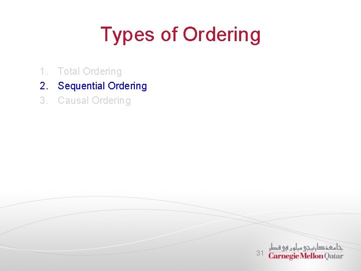 Types of Ordering 1. Total Ordering 2. Sequential Ordering 3. Causal Ordering 31 