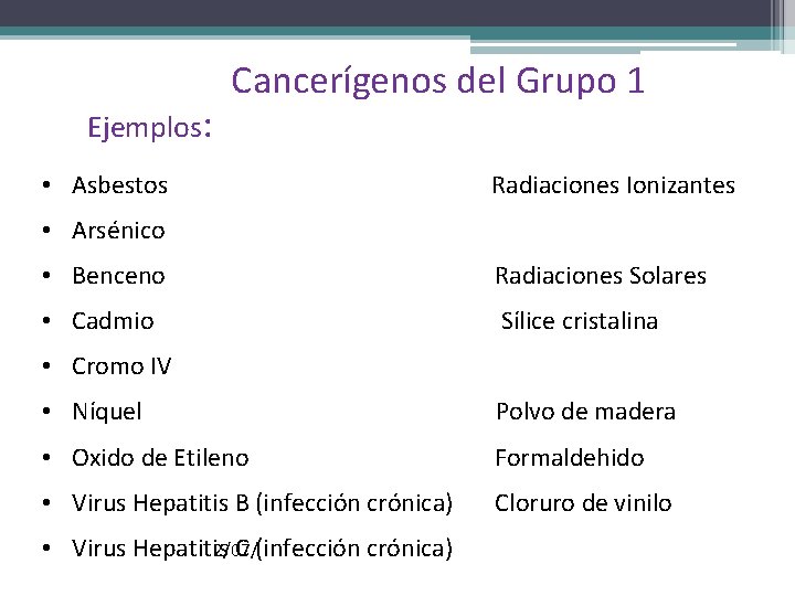  Cancerígenos del Grupo 1 Ejemplos: • Asbestos Radiaciones Ionizantes • Arsénico • Benceno