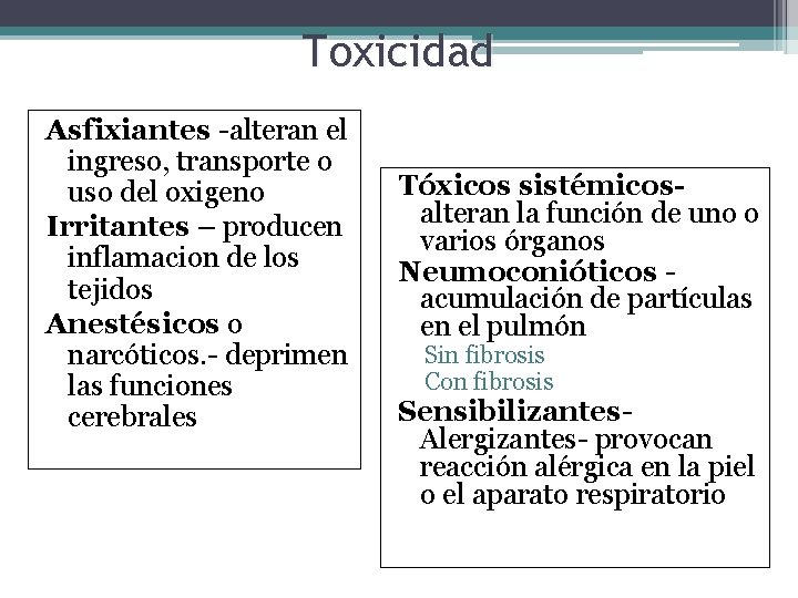 Toxicidad Asfixiantes -alteran el ingreso, transporte o uso del oxigeno Irritantes – producen inflamacion