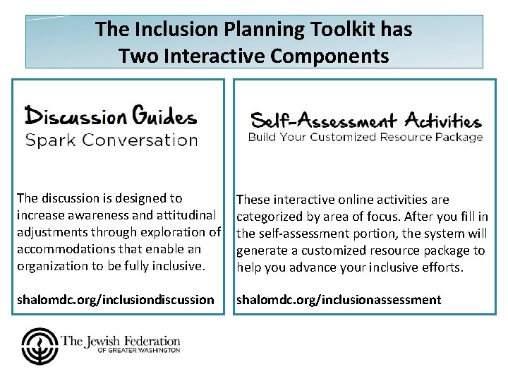 The Inclusion Planning Toolkit has Two Interactive Components The discussion is designed to increase