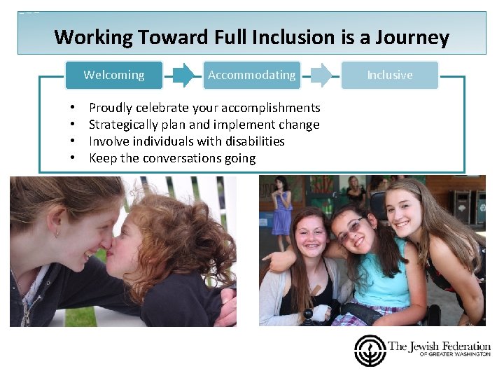 Working Toward Full Inclusion is a Journey Welcoming • • Accommodating Proudly celebrate your