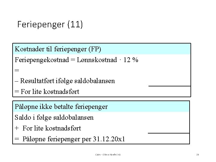 Feriepenger (11) Kostnader til feriepenger (FP) Feriepengekostnad = Lønnskostnad · 12 % = –