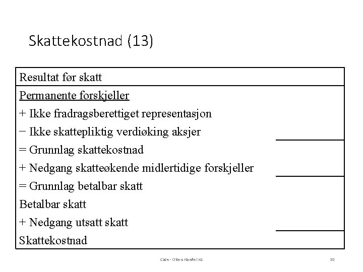 Skattekostnad (13) Resultat før skatt Permanente forskjeller + Ikke fradragsberettiget representasjon − Ikke skattepliktig