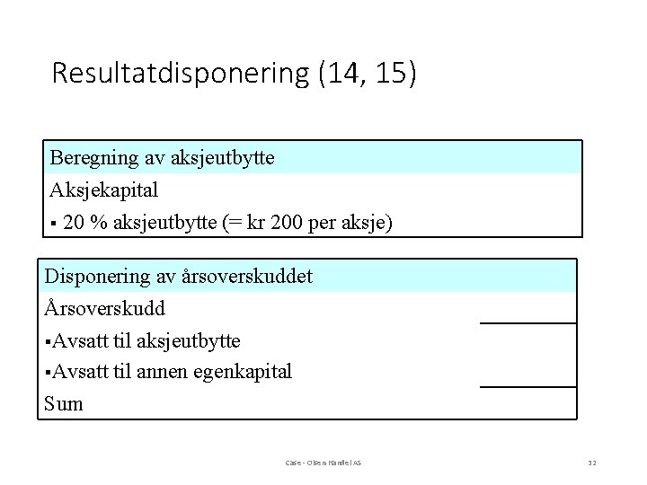 Resultatdisponering (14, 15) Beregning av aksjeutbytte Aksjekapital § 20 % aksjeutbytte (= kr 200