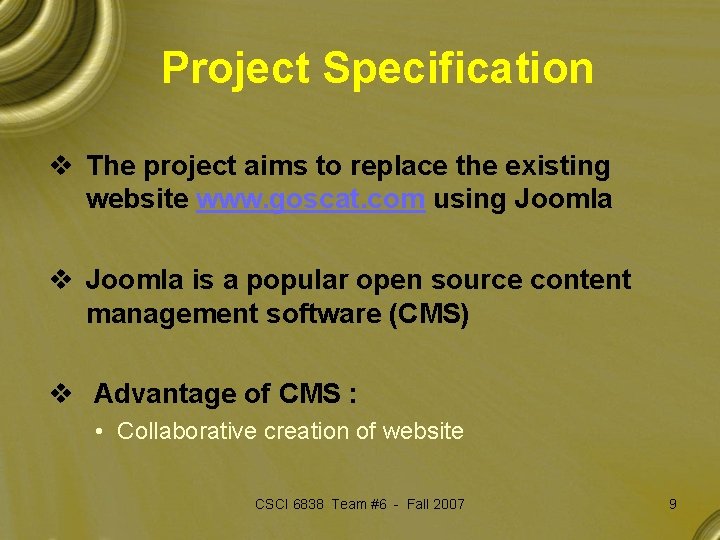 Project Specification v The project aims to replace the existing website www. goscat. com