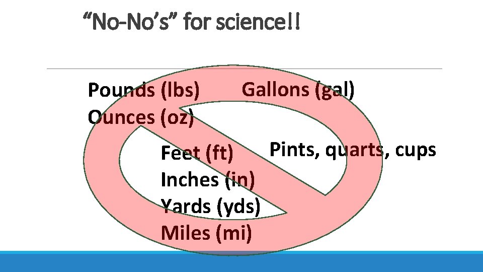 “No-No’s” for science!! Pounds (lbs) Ounces (oz) Gallons (gal) Pints, quarts, cups Feet (ft)