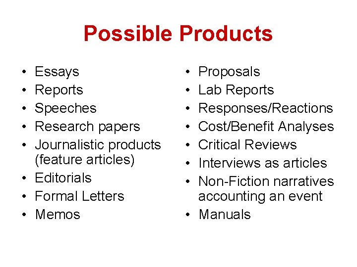 Possible Products • • • Essays Reports Speeches Research papers Journalistic products (feature articles)