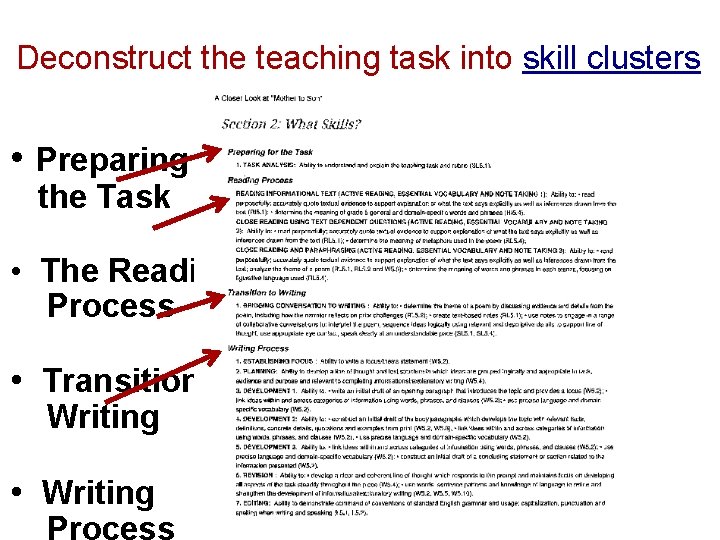 Deconstruct the teaching task into skill clusters • Preparing for the Task • The