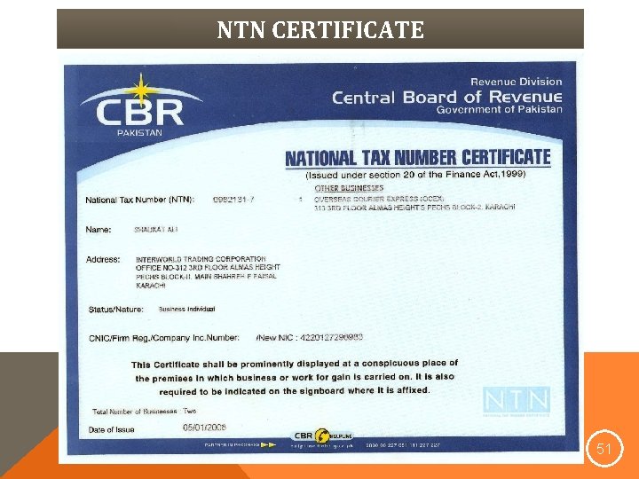 NTN CERTIFICATE 51 