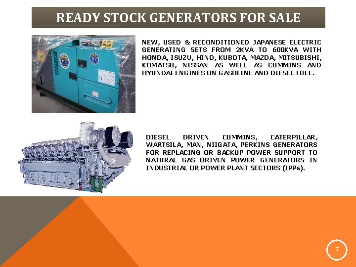READY STOCK GENERATORS FOR SALE NEW, USED & RECONDITIONED JAPANESE ELECTRIC GENERATING SETS FROM