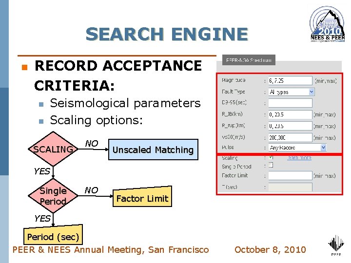SEARCH ENGINE n RECORD ACCEPTANCE CRITERIA: n n Seismological parameters Scaling options: SCALING NO