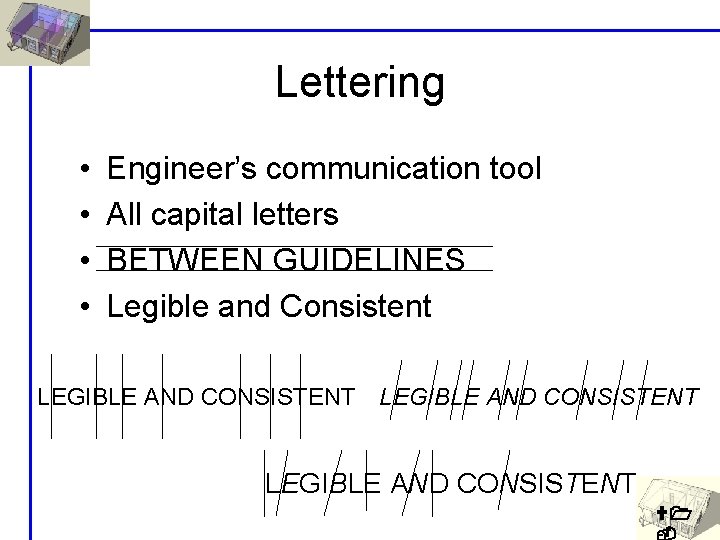 Lettering • • Engineer’s communication tool All capital letters BETWEEN GUIDELINES Legible and Consistent