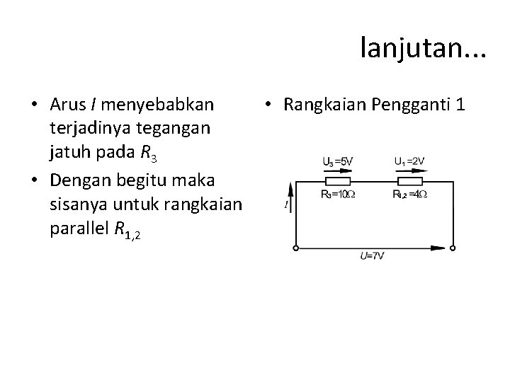 lanjutan. . . • Arus I menyebabkan • Rangkaian Pengganti 1 terjadinya tegangan jatuh