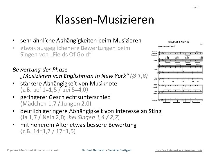 14/17 Klassen-Musizieren • sehr ähnliche Abhängigkeiten beim Musizieren • etwas ausgeglichenere Bewertungen beim Singen