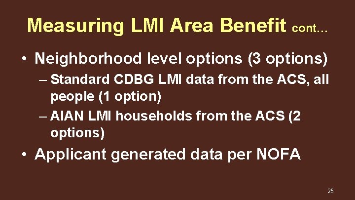 Measuring LMI Area Benefit cont… • Neighborhood level options (3 options) – Standard CDBG