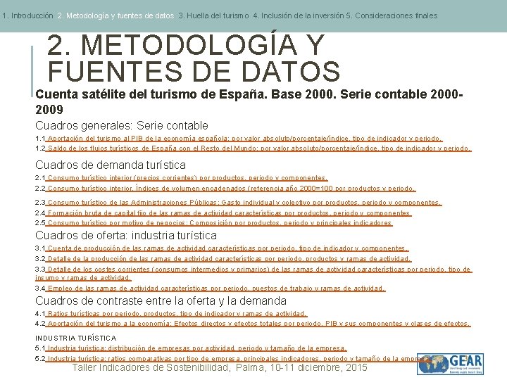 1. Introducción 2. Metodología y fuentes de datos 3. Huella del turismo 4. Inclusión