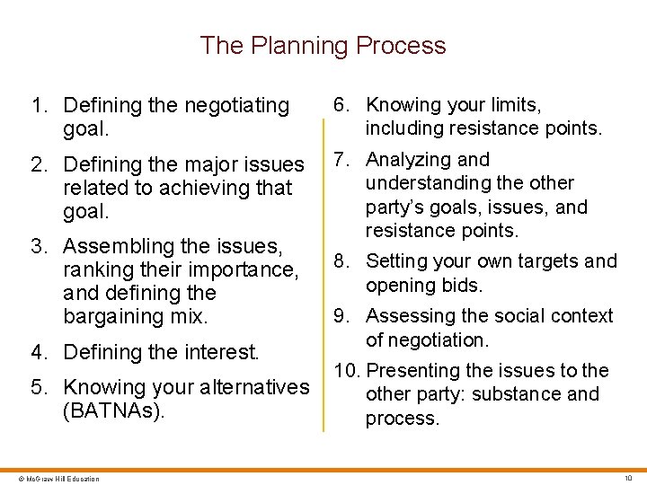 The Planning Process 1. Defining the negotiating goal. 6. Knowing your limits, including resistance