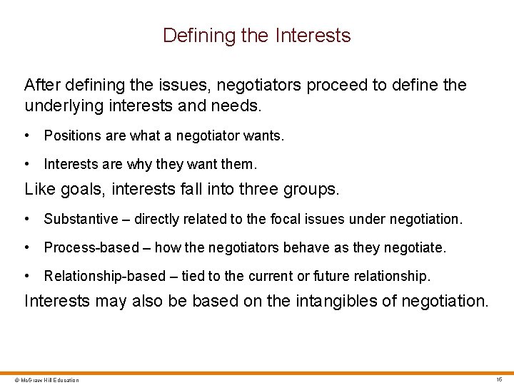 Defining the Interests After defining the issues, negotiators proceed to define the underlying interests