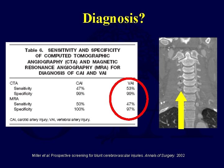 Diagnosis? Miller et al. Prospective screening for blunt cerebrovascular injuries. Annals of Surgery. 2002