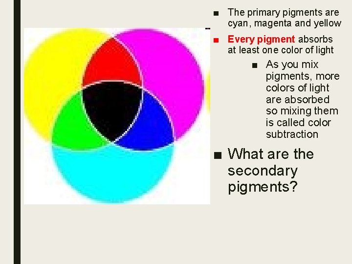 ■ The primary pigments are cyan, magenta and yellow ■ Every pigment absorbs at