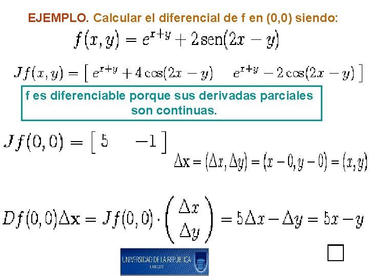 EJEMPLO. Calcular el diferencial de f en (0, 0) siendo: f es diferenciable porque