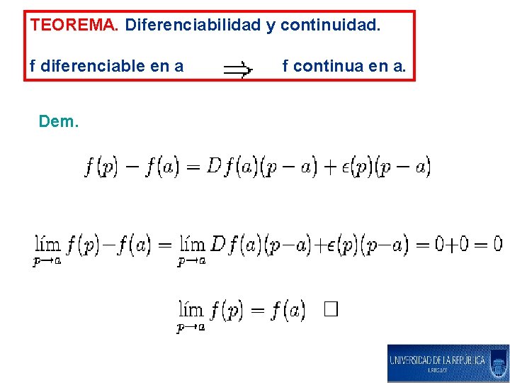 TEOREMA. Diferenciabilidad y continuidad. f diferenciable en a Dem. f continua en a. 