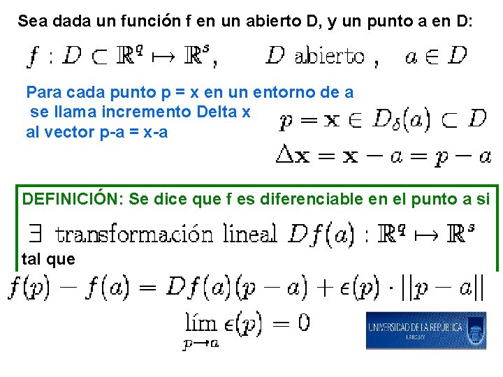 Sea dada un función f en un abierto D, y un punto a en